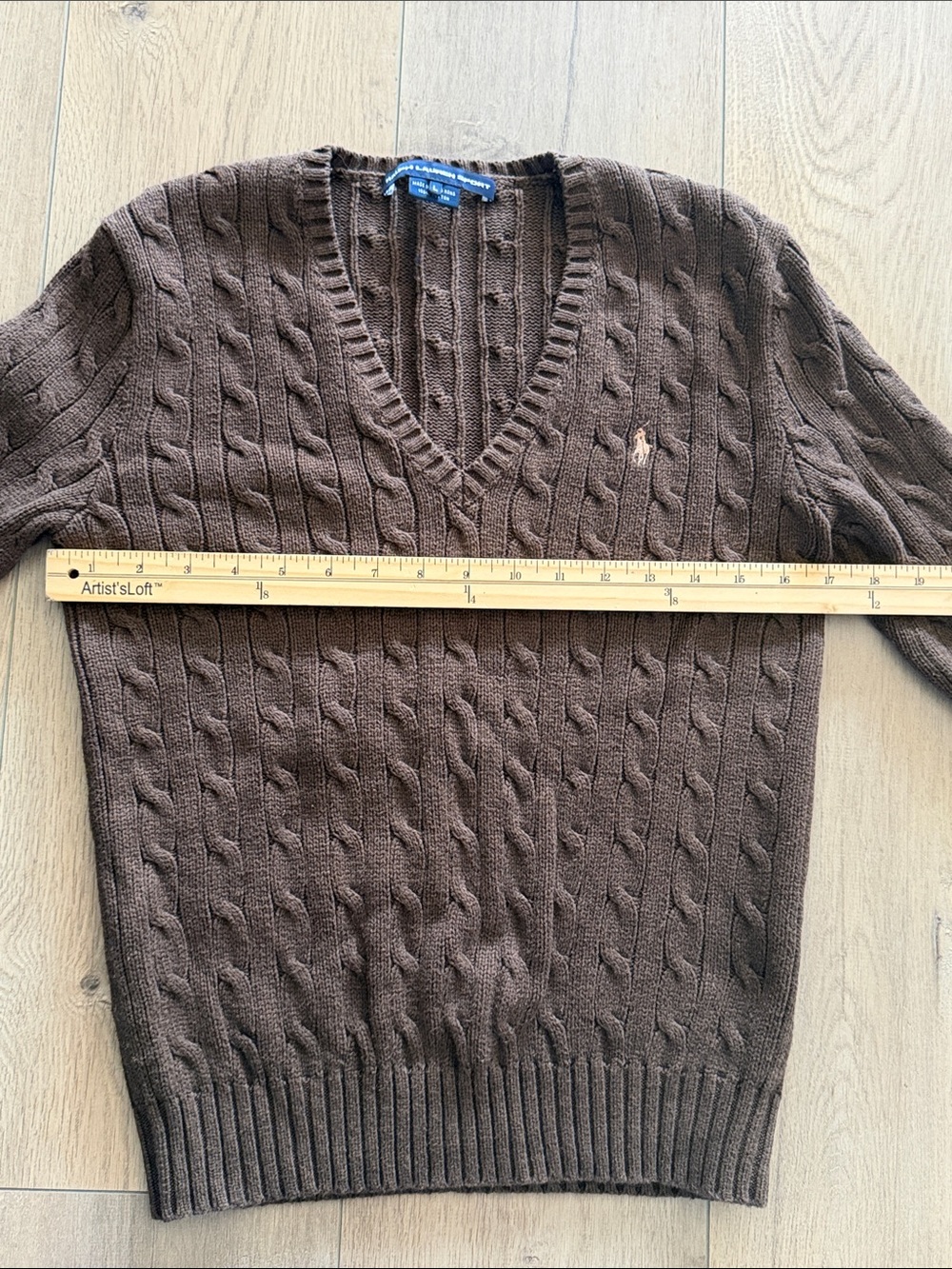 VTG Ralph Lauren Sport Chocolate Brown Cable-Knit V-Neck Sweater Size L Pony - Picture 10 of 12